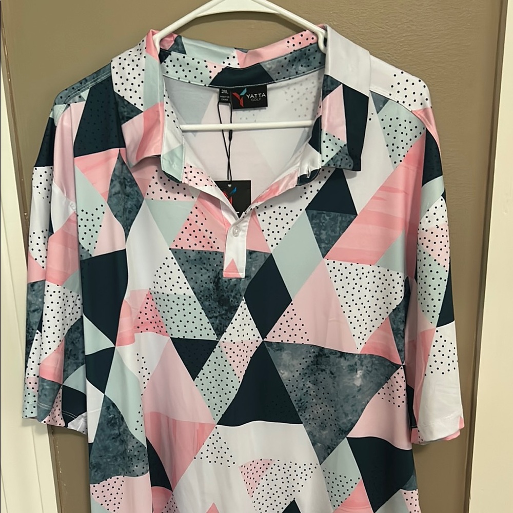 Pink and Green Graphic Polo Shirt with Button Down Style